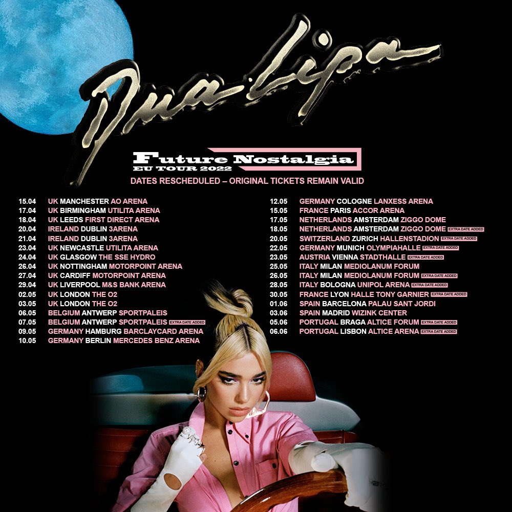 Dua Lipa pospone su gira europea a 2022 y anuncia conciertos en